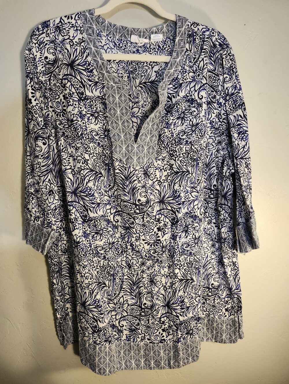 Sigrid Olsen Navy and White Floral V-Neck Tunic 100% Linen